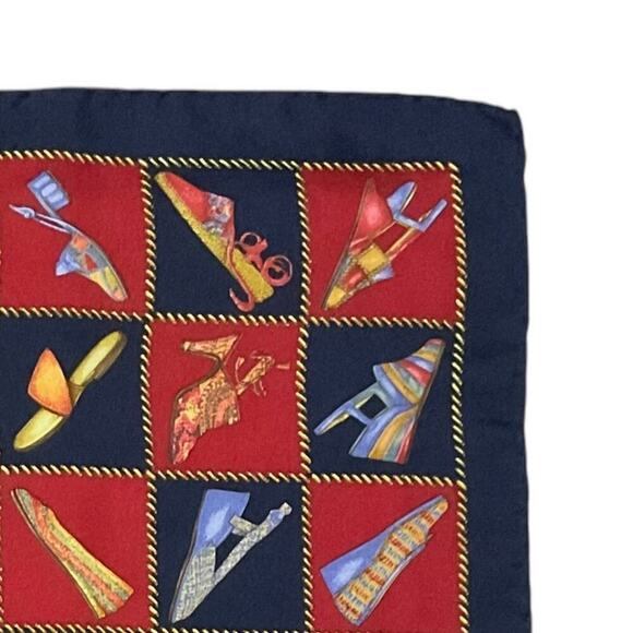 Salvatore Ferragamo Vintage 100% Silk Shoe Designs Scarf 16” Square Red Blue - Picture 9 of 12